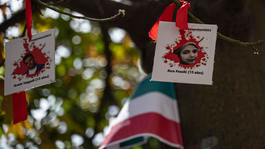 A photograph of a murdered Iranian woman hangs from a tree in front of the Palacio de la Moneda placed by Iranians living in Chile, as they protest against violence against women in their country, during the International Day for the Elimination of Violence against Women in Santiago, Chili, Nov. 25, 2022.