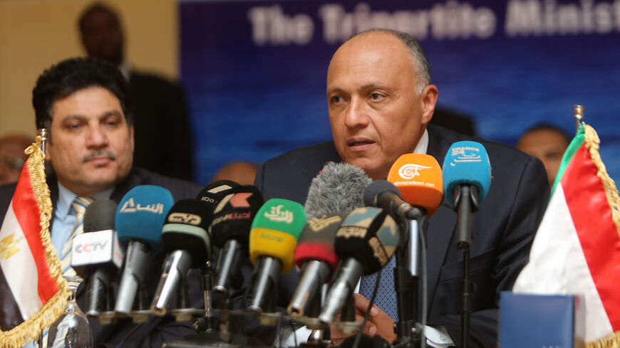 Egypt's Foreign Minister Sameh Shoukry speaks during a press conference with his Sudanese and Ethiopian counterparts, on the sidelines of meetings to announce they had reached an agreement on the sharing of Nile waters and Ethiopia's dam project, Khartoum, Sudan, March 6, 2015.