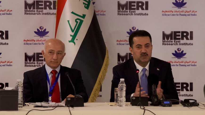 Iraqi Prime Minister Mohammed Shia al-Sudani  addresses Middle East Research Institute Workshop on ‘Iraq’s Immediate Priorities’ in Baghdad, Dec.  7, 2022. 