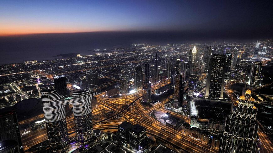 This picture taken on May 9, 2021 shows a view of the Dubai city skyline as seen from the Burj Khalifa, currently the world's tallest building at 828 meter.