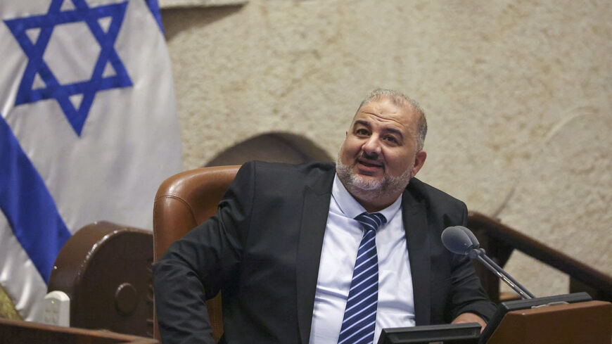 Head of Israel's conservative Islamic Raam party Mansour Abbas leads a discussion and a vote on a bill to dissolve the Knesset (parliament), during a session in Jerusalem, on June 29, 2022. 