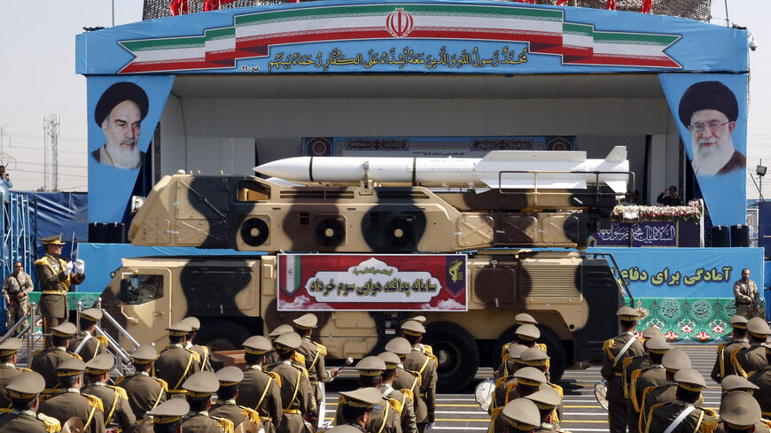 Iranian missile Sevom-Khordad on display during the annual military parade marking the anniversary of the outbreak of the devastating 1980-1988 war with Saddam Hussein's Iraq, in the capital Tehran on Sept. 22, 2022. 