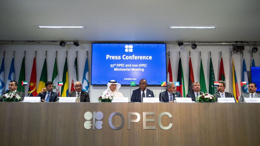 Representatives of OPEC member countries attend a press conference after the 45th Joint Ministerial Monitoring Committee and the 33rd OPEC and non-OPEC Ministerial Meeting in Vienna, Austria, on October 5, 2022. - The OPEC+ oil cartel meets for the first time face-to-face since Covid curbs were introduced in 2020. (Photo by VLADIMIR SIMICEK / AFP) (Photo by VLADIMIR SIMICEK/AFP via Getty Images)