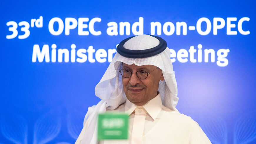 Saudi Arabia's Minister of Energy Abdulaziz bin Salman looks on during a press conference after the 45th Joint Ministerial Monitoring Committee and the 33rd OPEC and non-OPEC Ministerial Meeting in Vienna, Austria, on October 5, 2022. (Photo by VLADIMIR SIMICEK/AFP via Getty Images)