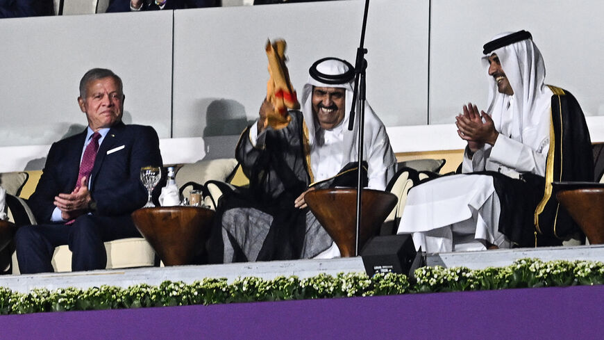 Jordanian King Abdullah (L),  former Qatari Emir Sheikh Hamad bin Khalifa Al Thani (C) and Emir Sheikh Tamim bin Hamad Al Thani (R) are seen during the opening ceremony ahead of the Qatar 2022 World Cup at Al-Bayt Stadium, Al Khor, Doha, Qatar, Nov. 20, 2022.