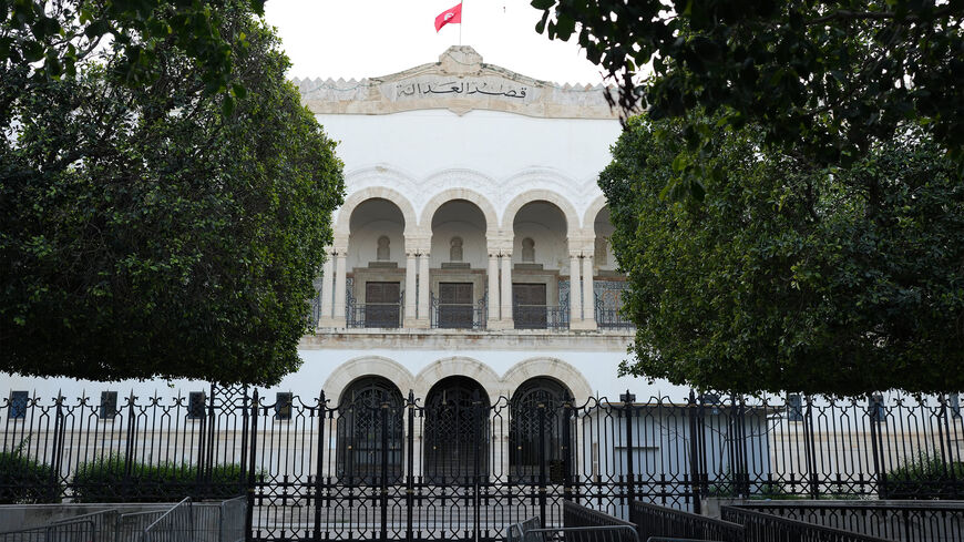 The Tunisian Court of First Instance is shown with barriers erected, Tunis, Tunisia, Feb. 20, 2022.