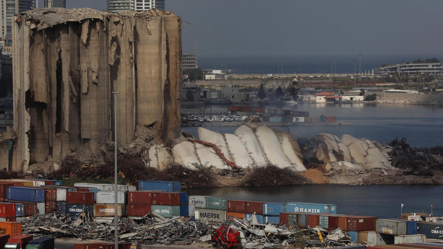 The northern collapsed section of the grain silos in the Port of Beirut, Lebanon, Aug. 23, 2022.