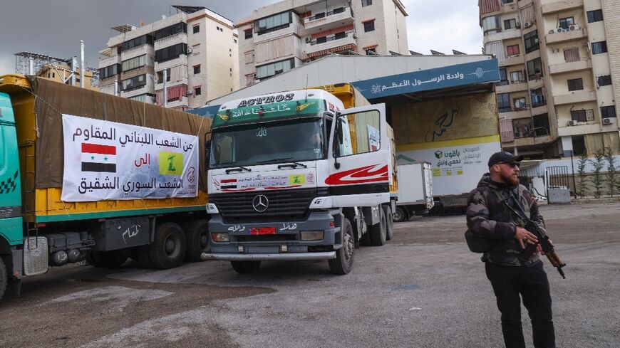 Trucks loaded with humanitarian aid provided by Lebanese Shiite group Hezbollah set out for Syria on February 12 in the aftermath of a deadly earthquake