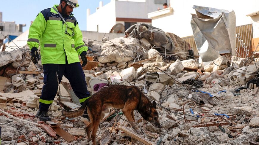 A rescuer, with the help of a dog, searches for victims amid the rubble of a collapsed building in the Syrian government-controlled town of Jableh