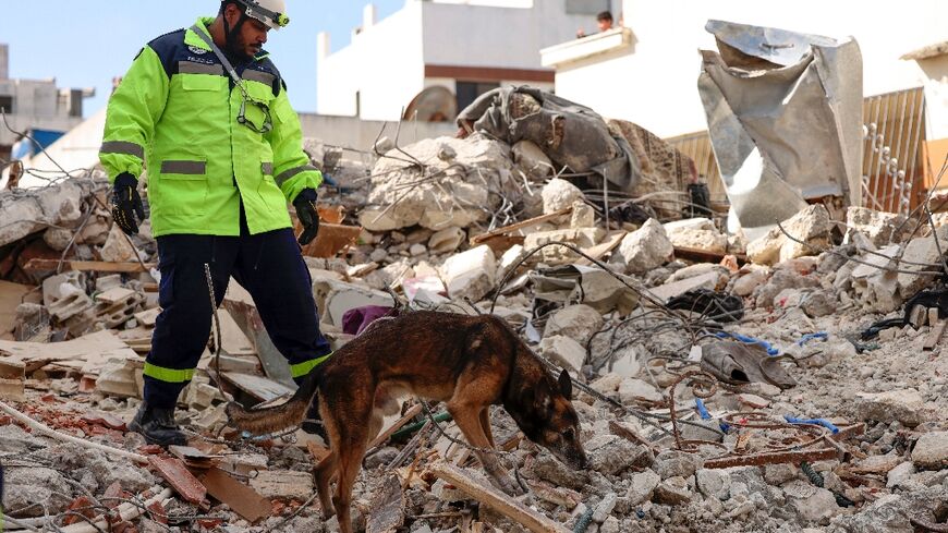 A rescuer, with the help of a dog, searches for victims amid the rubble of a collapsed building in the Syrian government-controlled town of Jableh