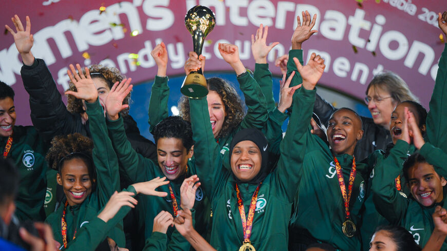 Saudi women's soccer team celebrates their win at the Women’s International Friendly Tournament in January.