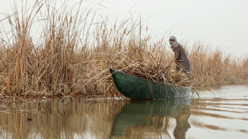 An Iraqi farmer on a boat collects reeds from the banks of the southern Chibayish marshes in Dhi Qar province, on January 23, 2023, as water levels recover following a rainy period. (Photo by ASAAD NIAZI/AFP via Getty Images)
