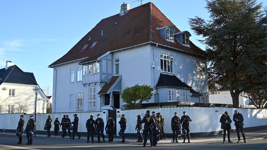 Police secure the area in front of the Turkish Embassy in Copenhagen.
