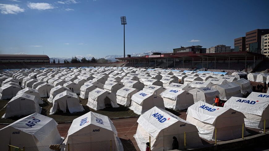 A photograph taken on February 8, 2023 shows tents at a camp set up by the government in the southeastern Turkish city of Kahramanmaras, two days after a strong earthquake struck the region.