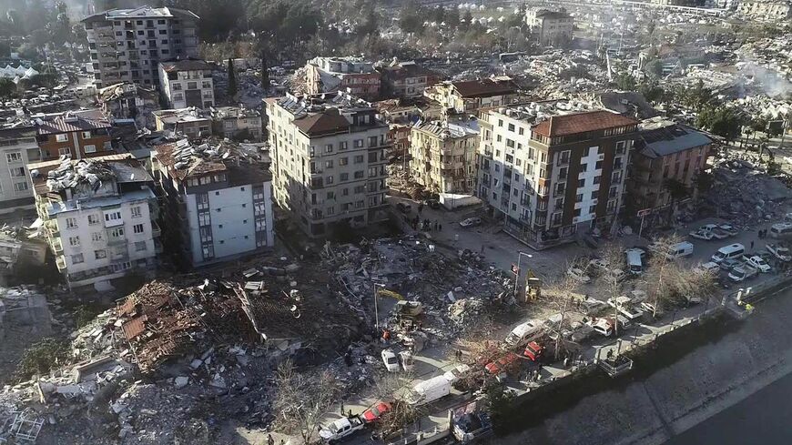 This aerial view shows collapsed buildings during the ongoing rescue operation in Hatay, southeastern Turkey, on Feb. 10, 2023.