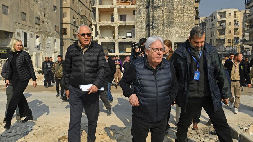 Martin Griffiths, UN Under-Secretary General for Humanitarian Affairs and Emergency Relief, visits the affected neighbourhoods in the city of Aleppo on February 13, 2023 following a devastating 7.8-magnitude earthquake rocked Turkey and Syria. (Photo by -/AFP via Getty Images)