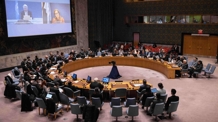A general view shows a United Nations Security Council meeting on the situation in the Middle East, at the United Nations headquarters, New York, Feb. 20, 2023.