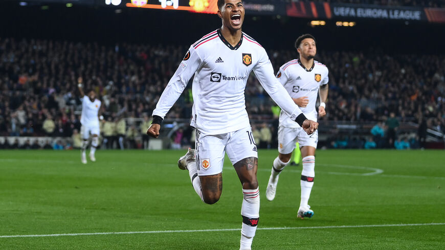 Marcus Rashford of Manchester United celebrates an own goal by Jules Kounde of FC Barcelona (not pictured), Manchester United's second goal during the UEFA Europa League knockout round play-off leg one match between FC Barcelona and Manchester United at Spotify Camp Nou on February 16, 2023 in Barcelona, Spain. (Photo by David Ramos/Getty Images)