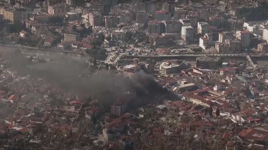 Destruction in Antakya, Turkey, is seen in this screen grab from a video take Feb. 6, 2023.