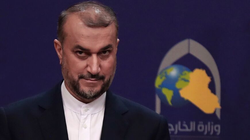 Iranian Foreign Minister Hossein Amir-Abdollahian speaks during a joint press conference with his Iraqi counterpart, in Baghdad on February 22