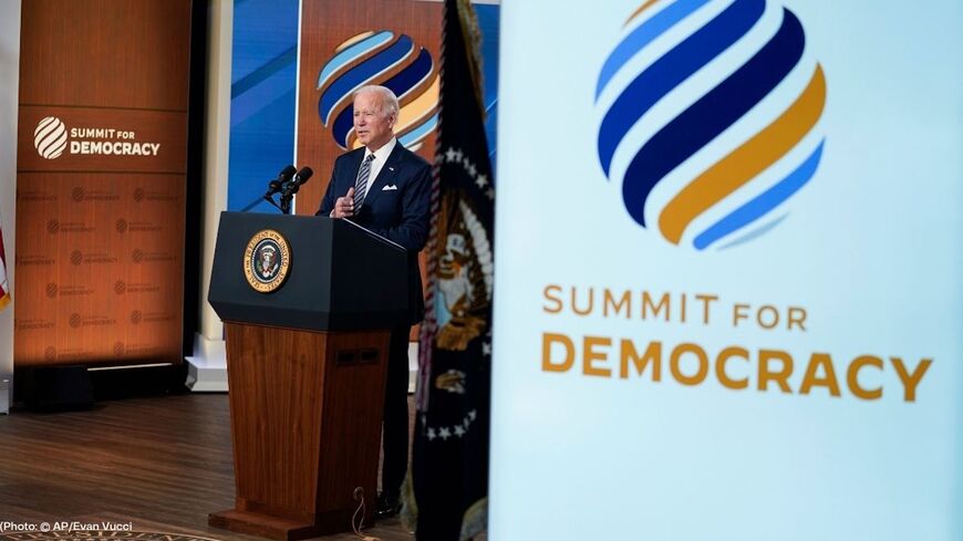 President Biden delivers remarks at the Summit for Democracy in this undated photo.