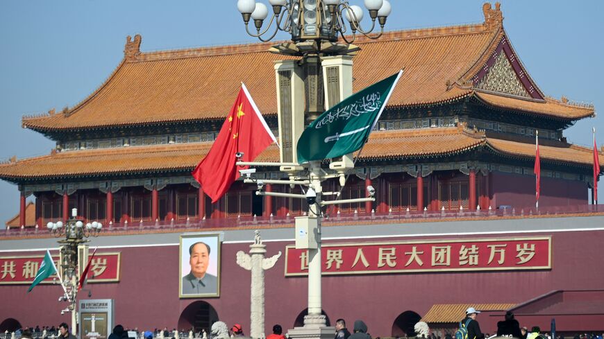  The national flags of Saudi Arabia (R) and China are displayed from a road lamp at Tiananmen square in Beijing on February 21, 2019. - Saudi Crown Prince Mohammed bin Salman is on a visit to China from February 21 to 22. (Photo by WANG Zhao / AFP) (Photo by WANG ZHAO/AFP via Getty Images)