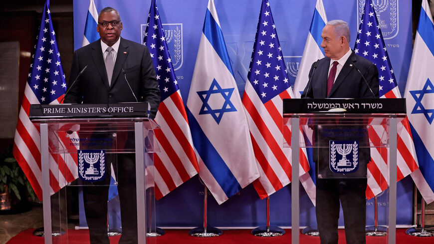 US Defence Secretary Lloyd Austin (L) and Israeli Prime Minister Benjamin Netanyahu give a statement after their meeting at the prime minister's office, Jerusalem, April 12, 2021.