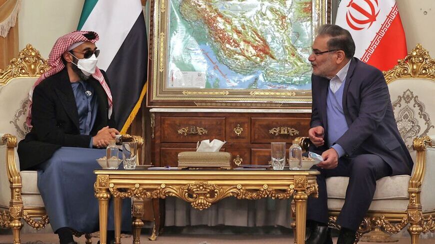 Ali Shamkhani (R), Iran's secretary of the Supreme National Security Council, meets with Sheikh Tahnoun bin Zayed al-Nahyan (L).