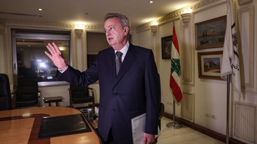 Lebanon's Central Bank Governor Riad Salameh gestures during an interview with AFP at his office in the capital Beirut on December 20, 2021. (Photo by JOSEPH EID / AFP) (Photo by JOSEPH EID/AFP via Getty Images)