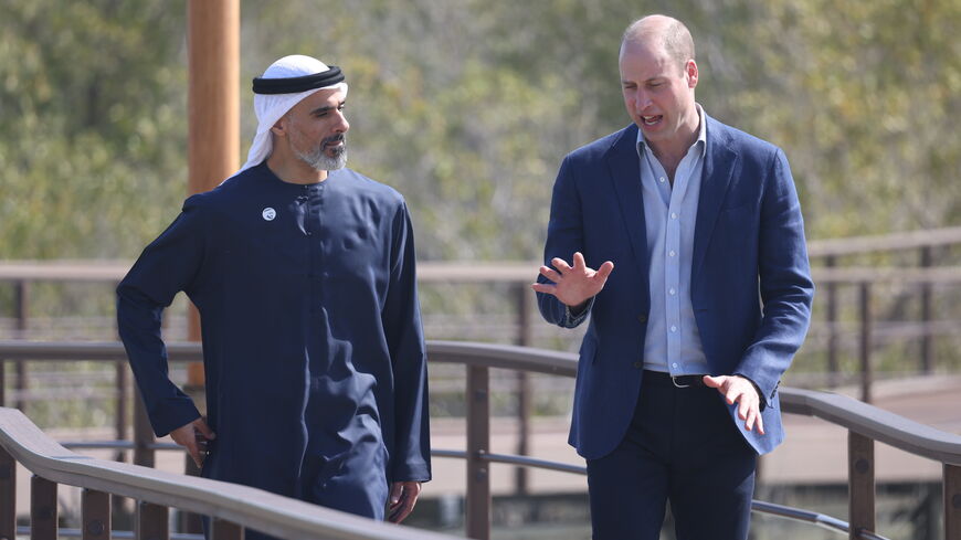 Prince William, Duke Of Cambridge tours Abu Dhabi's wetlands at the Jubail Mangrove Park with His Highness Sheikh Khaled bin Mohamed bin Zayed Al Nahyan, Chairman of Abu Dhabi Executive Office, on February 10, 2022 in Abu Dhabi, United Kingdom. This visit is at the request of the Foreign, Commonwealth and Development Office and will be His Royal Highness first official visit to the UAE. (Photo by Ian Vogler - Pool/Getty Images)