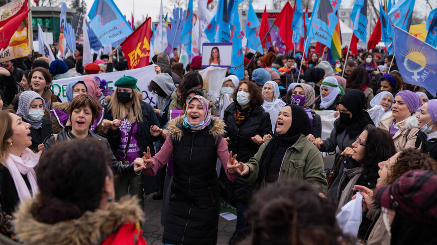 Women take part in a rally ahead of International Women's Day, Istanbul, Turkey, March 6, 2022.