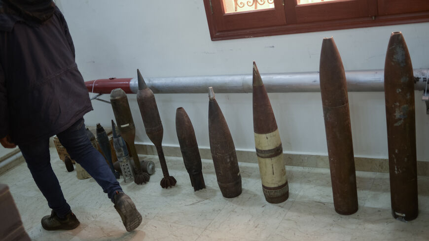 A set of ammunition, ordnance and armoured vehicles, including projectiles, rockets, shells and mortars, are seen at a demining group headquarters in Hay al-Andalus on March 29, 2022 Tripoli, Libya. Russian backed Wagner Group, aligned with commander Khalifa Haftar in east, left behind hundreds of unmarked mines and booby-traps scattered amongst civilian areas in the suburbs around the Libyan capital. 
