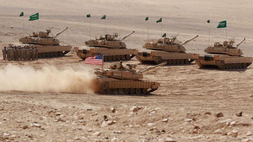  US and Saudi tanks take part in the "Eager Lion" multinational military manuever, in the Al-Zarqa governorate, some 85km northeast of the Jordanian capital Amman, on September 14, 2022.  (Photo by KHALIL MAZRAAWI/AFP via Getty Images)
