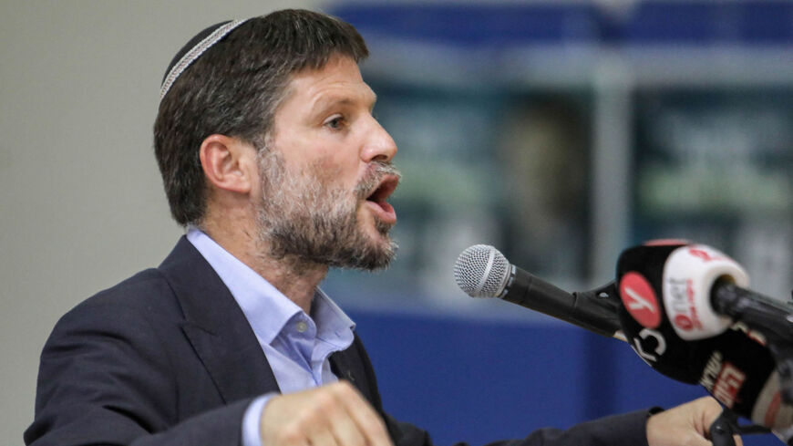 Bezalel Smotrich, Israeli far-right lawmaker and leader of the Religious Zionism party, speaks during a rally with supporters, Sderot, Israel, Oct. 26, 2022.