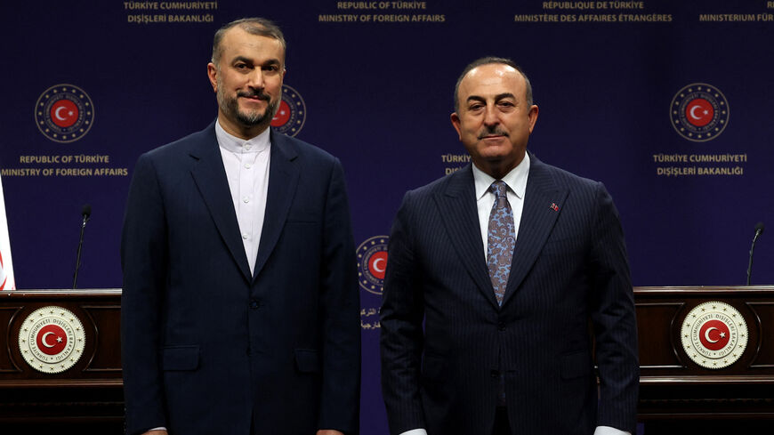 Turkey's Foreign Minister Mevlut Cavusoglu (R) and his Iranian counterpart Hossein Amir-Abdollahian pose.