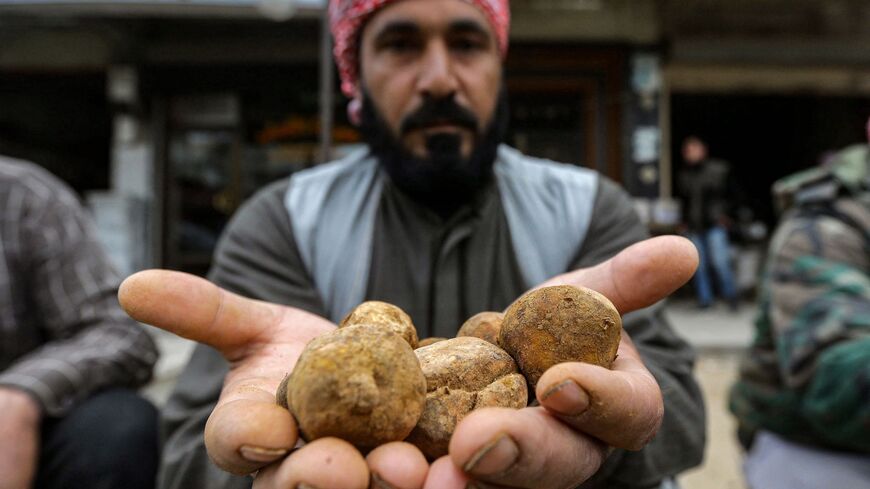 A merchant presents desert truffles at a stall in a market in the city of Hama in west-central Syria on March 6, 2023. 
