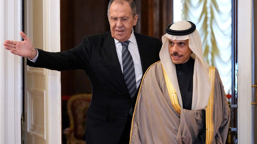 Russian Foreign Minister Sergei Lavrov (L) meets with Saudi Arabia's Foreign Minister Prince Faisal bin Farhan al-Saud in Moscow on March 9, 2023. (Photo by Alexander Zemlianichenko / POOL / AFP) (Photo by ALEXANDER ZEMLIANICHENKO/POOL/AFP via Getty Images)