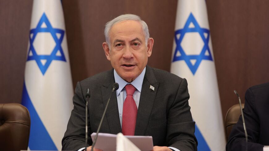 Israeli Prime Minister Benjamin Netanyahu attends the weekly Cabinet meeting at his office in Jerusalem, on March 19, 2023.