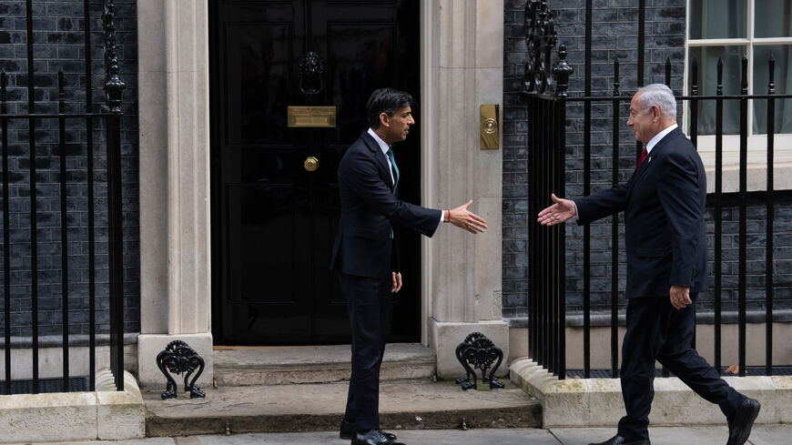 Britain's Prime Minister, Rishi Sunak (L), greets Israel's prime minister Benjamin Netanyahu in Downing Street on March 24, 2023 in London, England. Benjamin Netanyahu visits London against a backdrop of unrest at home. Protests are being held weekly across Israel against legislation being pushed through the Knesset by his government to restrain the judiciary. (Photo by Carl Court/Getty Images)