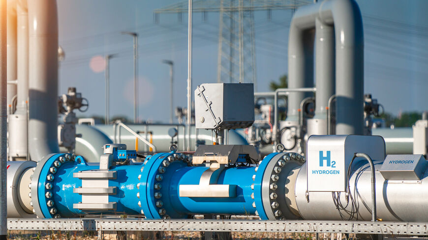 Hydrogen renewable energy production pipeline - hydrogen gas for clean electricity solar and wind turbine facility.