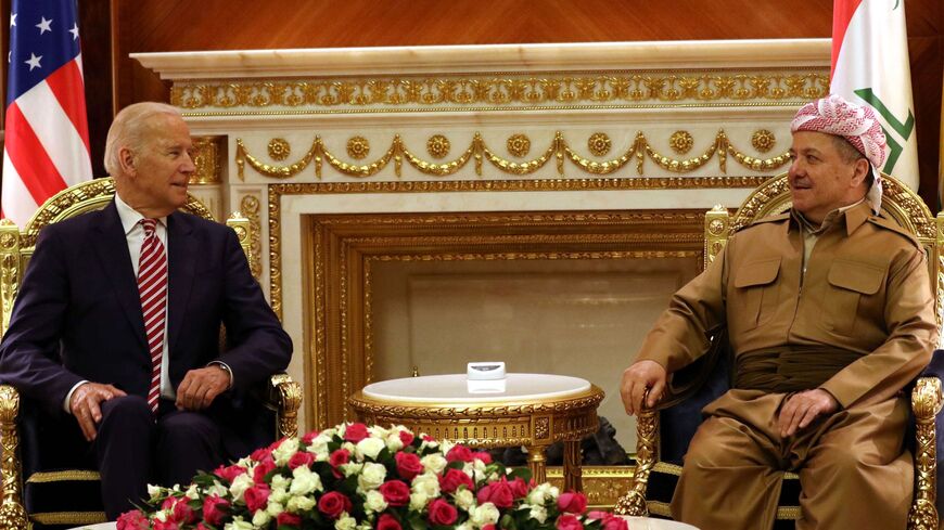 Iraqi Kurdish leader Massud Barzani (R) talks to then-US Vice President Joe Biden during a meeting in Arbil, the capital of the Kurdish autonomous region in Northern Iraq, on April 28, 2016, upon the latter's arrival on a surprise visit. 
