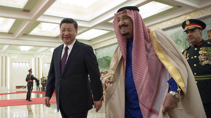 Chinese President Xi Jinping (L) accompanies Saudi Arabia's King Salman bin Abdulaziz Al Saud (R) to view an honour guard during a welcoming ceremony inside the Great Hall of the People on March 16, 2017 in Beijing, China. At the invitation of President Xi Jinping, King Salman Bin Abdul-Aaziz Al-Saud of the Kingdom of Saudi Arabia will pay a state visit to China from March 15 to 18, 2017. (Photo by Lintao Zhang/Getty Images)