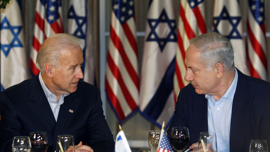 U.S. Vice President Joe Biden (L) sits with Israel's Prime Minister Benjamin Netanyahu before a dinner at the Prime Minister's residence March 9, 2010 in Jerusalem, Israel. Biden, visiting Israel as part of U.S.-led efforts to restart Middle East peace talks, on Tuesday condemned Israel's plans for 1,600 new homes in an area of the occupied West Bank it has annexed to Jerusalem. (Photo by Baz Ratner-Pool/Getty Images)