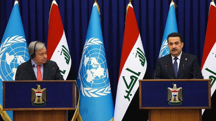 UN chief Antonio Guterres hold a news conference in Baghdad with Iraqi Prime Minister Mohammed Shia al-Sudani during which he pledged "hope" and "solidarity" with the war-torn country