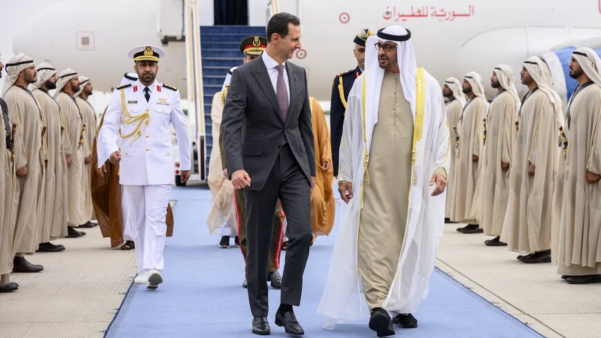 UAE President Sheikh Mohammed bin Zayed welcoming his Syrian counterpart Bashar al-Assad in Abu Dhabi March 19, 2023. 