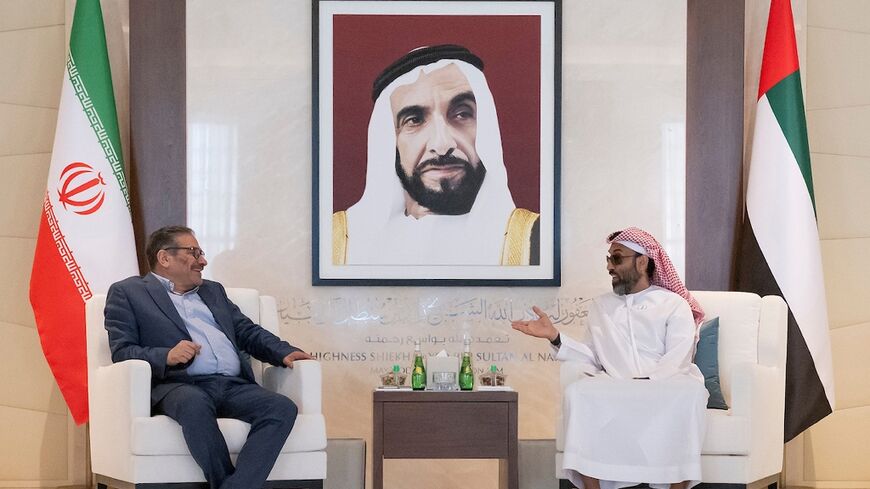 UAE top national security adviser Sheikh Tahnoun bin Zayed al-Nahyan (R) met his Iranian counterpart Ali Shamkhani in Abu Dhabi on Thursday, as seen in this picture released by the Emirati presidency