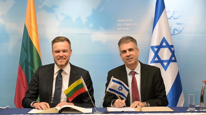Lithuania’s Foreign Minister Gabrielius Landsbergis meets with Israel's Foreign Minister Eli Cohen, in Jerusalem, on March 2, 2023.