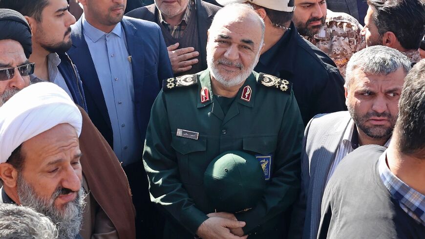 Islamic Revolutionary Guard Corps chief Hossein Salami at the funeral procession for two Guard forces killed by Israel in Syria
