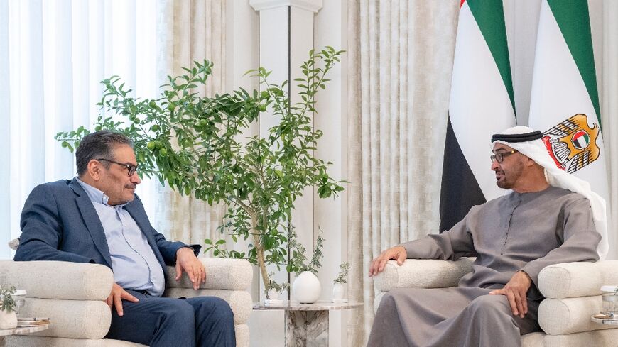 Iran's top security official Ali Shamkhani (L) holds talks with UAE President Sheikh Mohamed bin Zayed al-Nahyan during a visit to Abu Dhabi last month