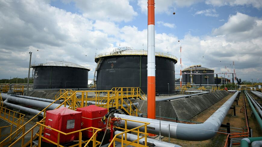 Picture of crude oil storage tanks at the plant of Colombian petroleum company Ecopetrol in Acacias, Meta Department, south of Bogota on February 10, 2023. (Photo by Juan BARRETO / AFP) (Photo by JUAN BARRETO/AFP via Getty Images)